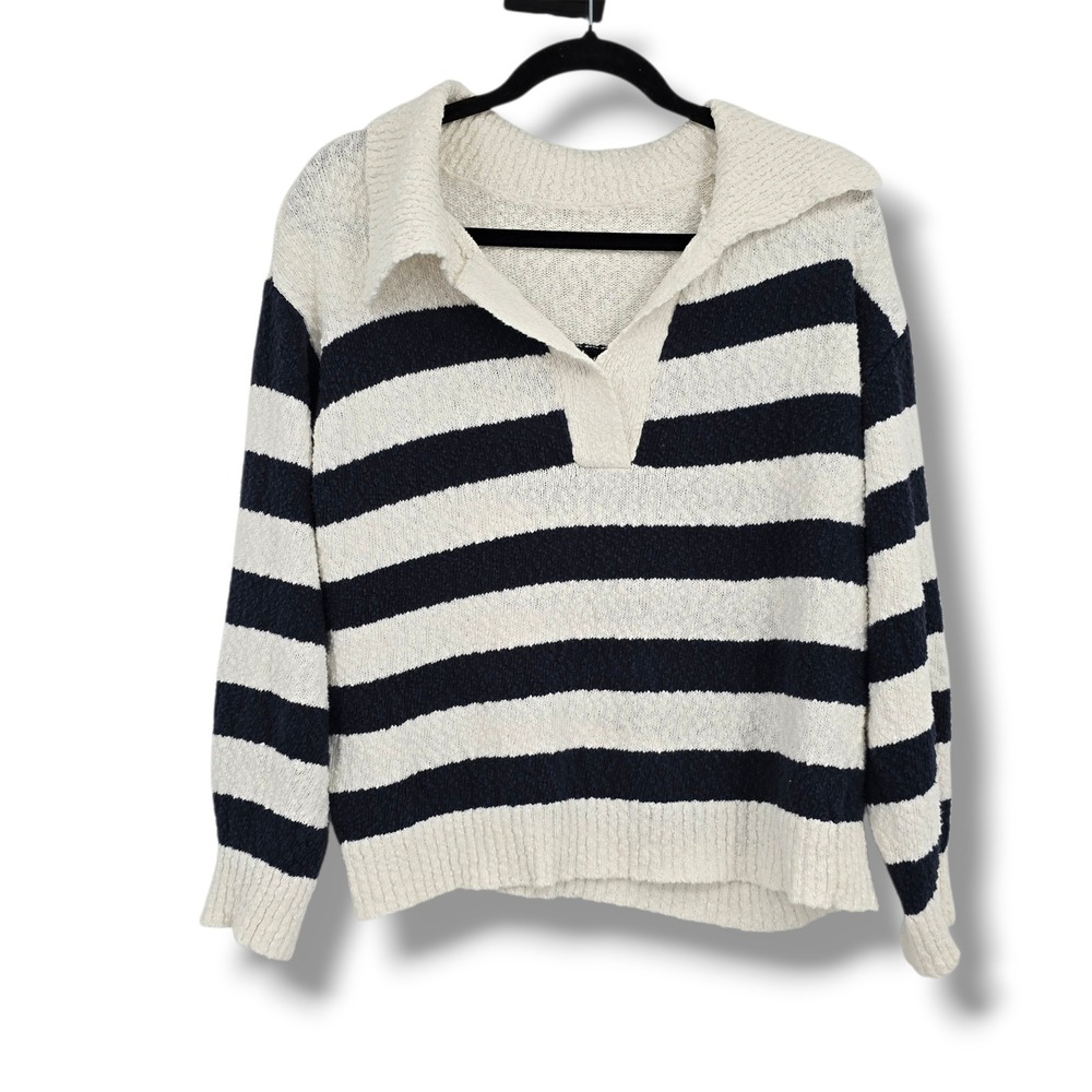 Nautical Striped Cotton Textured Knit Polo Sweater Navy Ivory Size Large